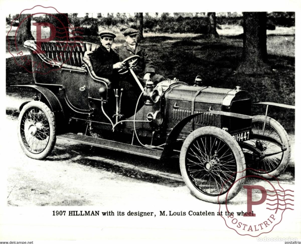 Coches y motocicletas: 1907 HILLMAN WITH ITS DESIGNER M LOUIS COATELEN AT THE WHEEL 22*16.5CM MOTOR CARS COCHES Bryan Goo