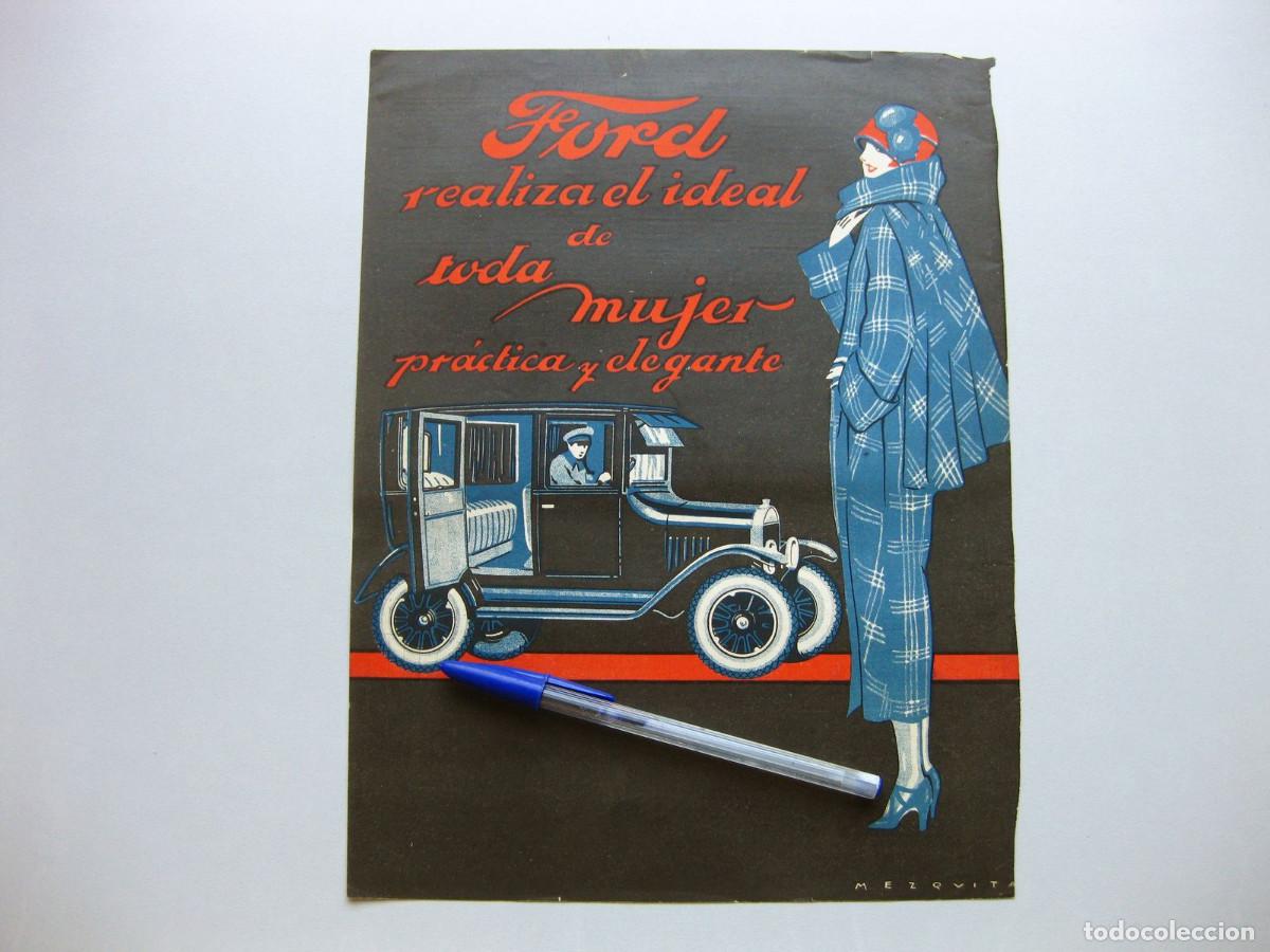 Coches y motocicletas: Hoja publicitaria de autom&oacute;viles Ford modelo T. Mujer pr&aacute;ctica y elegante. Dibujante Mezquita.
