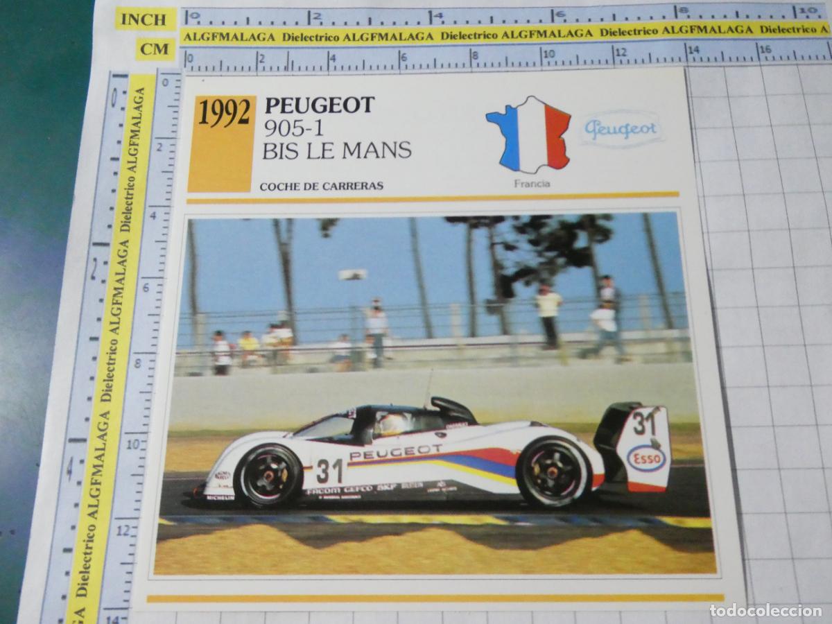 Coches y motocicletas: TARJETA FICHA T&Eacute;CNICA COCHES COLECCI&Oacute;N PLANETA AGOSTINI FRANCIA 1992 PEUGEOT 905-1 BIS LE MANS 1553