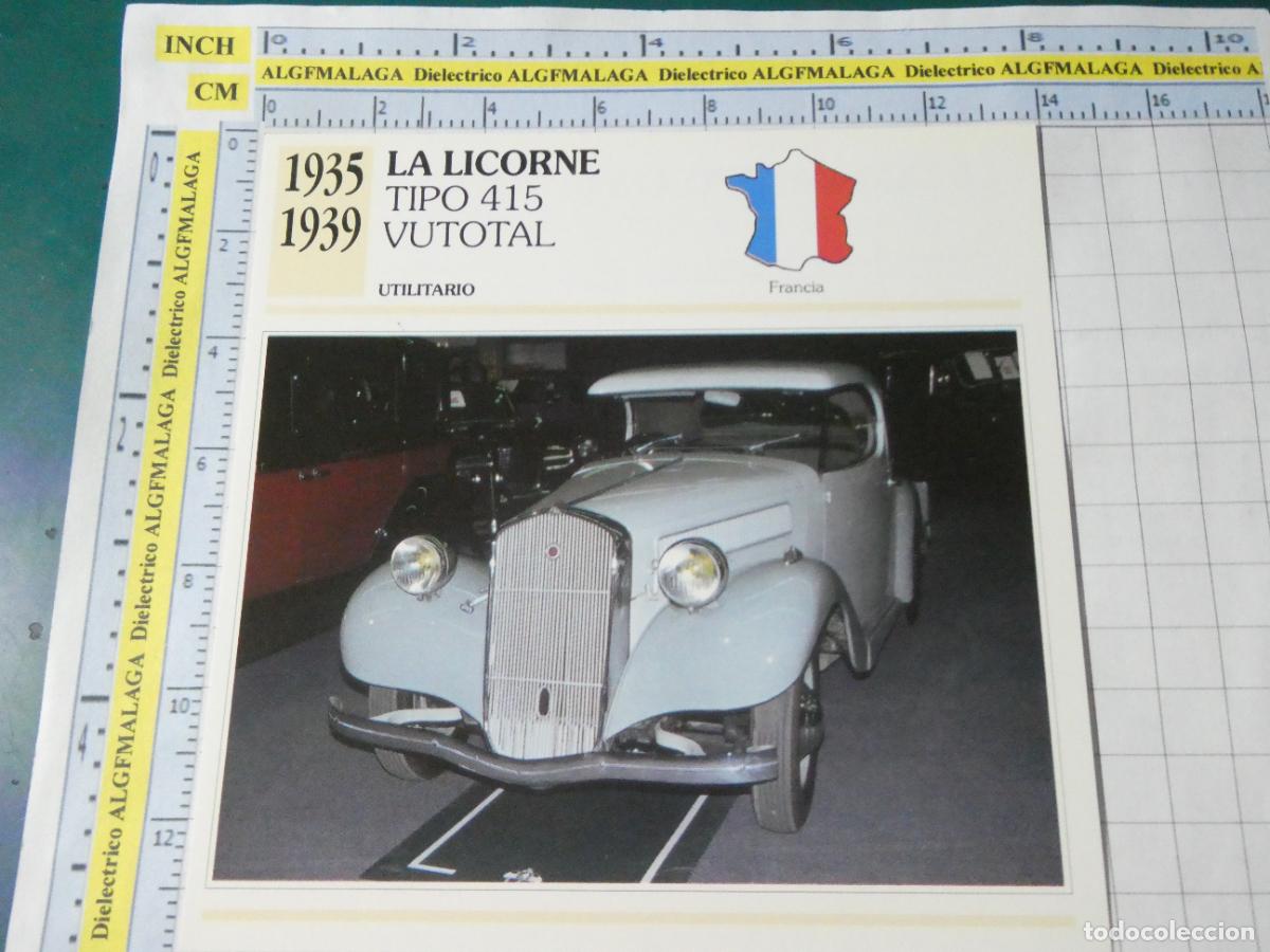 Coches y motocicletas: TARJETA FICHA T&Eacute;CNICA COCHES COLECCI&Oacute;N PLANETA AGOSTINI FRANCIA 1935 LA LICORNE 415 1567