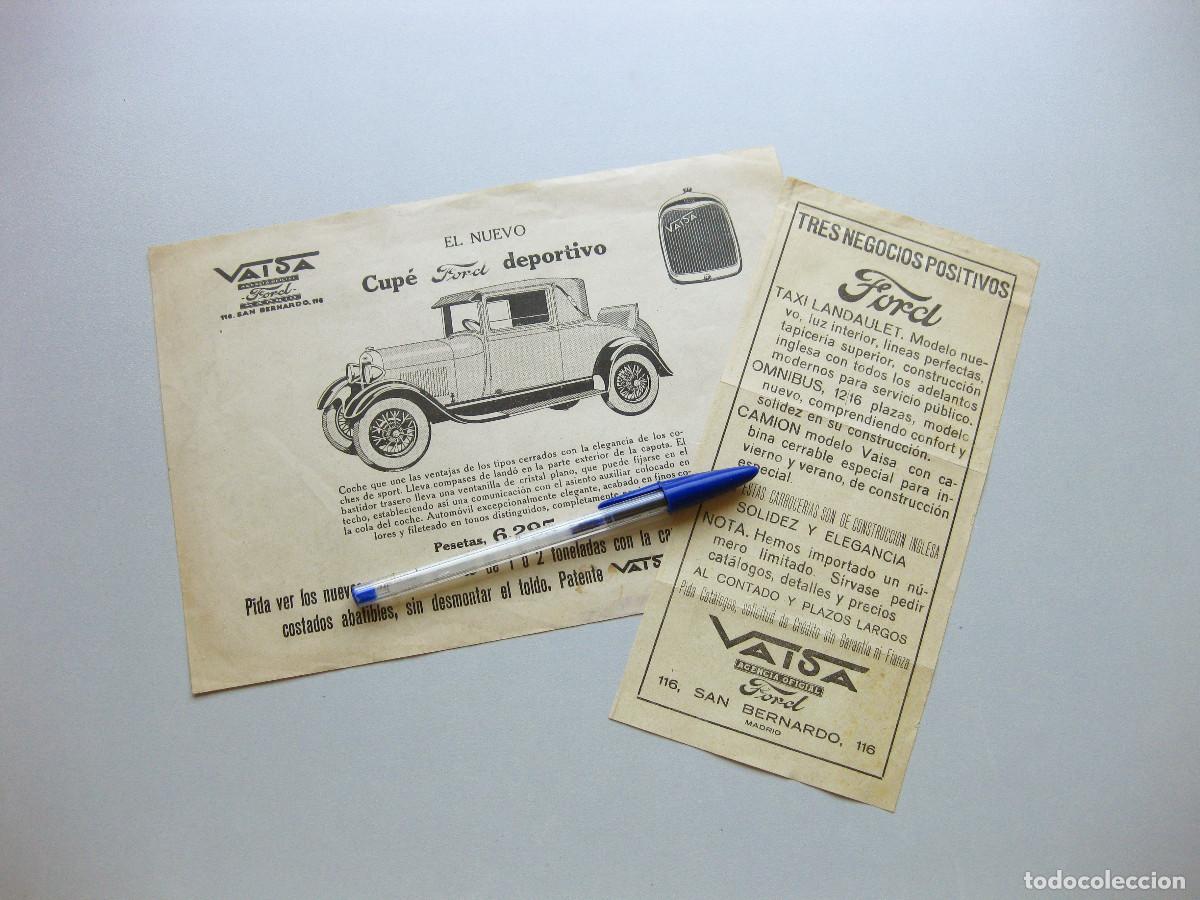 Coches y motocicletas: Dos Hojas Publicitarias de autom&oacute;viles Ford A. Agencia Vaisa.