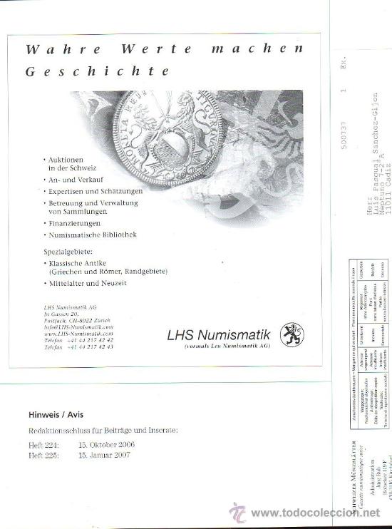 Cat&aacute;logos y libros de monedas: CATALOGO DE NUMISMATICA DE SCHWEIZER MUNZBLATTER 2006 - Foto 2