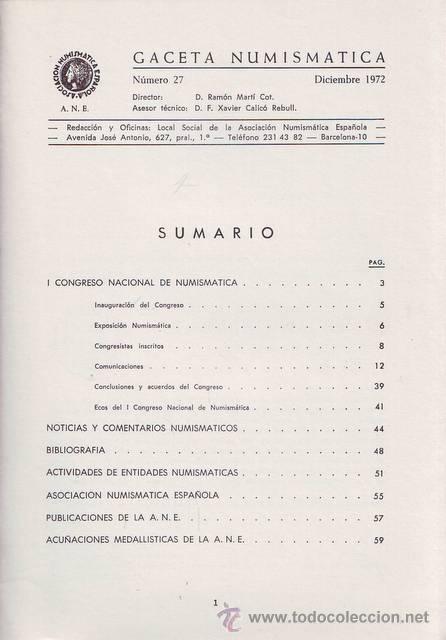 Cat&aacute;logos y libros de monedas: GACETA NUMISMATICA N&ordm; 27. 1972 - Foto 2