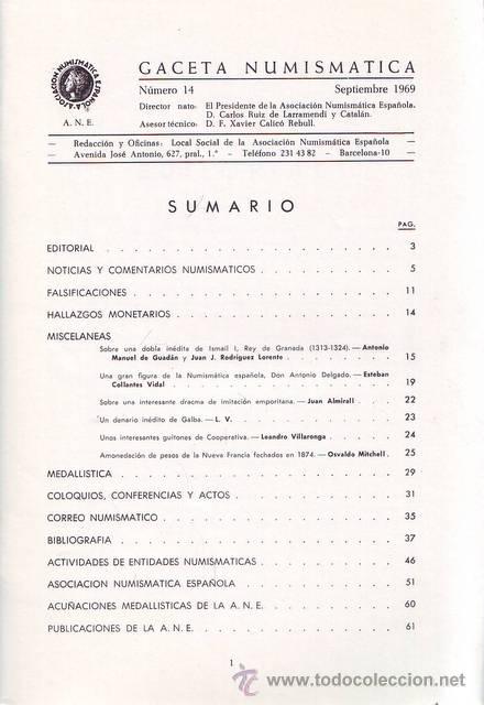 Cat&aacute;logos y libros de monedas: GACETA NUMISMATICA N&ordm; 14. 1969 - Foto 2