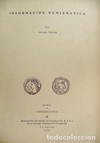 Cat&aacute;logos y libros de monedas: BELTRAN, Antonio.  Informaci&oacute;n numism&aacute;tica.  1955. - Foto 1