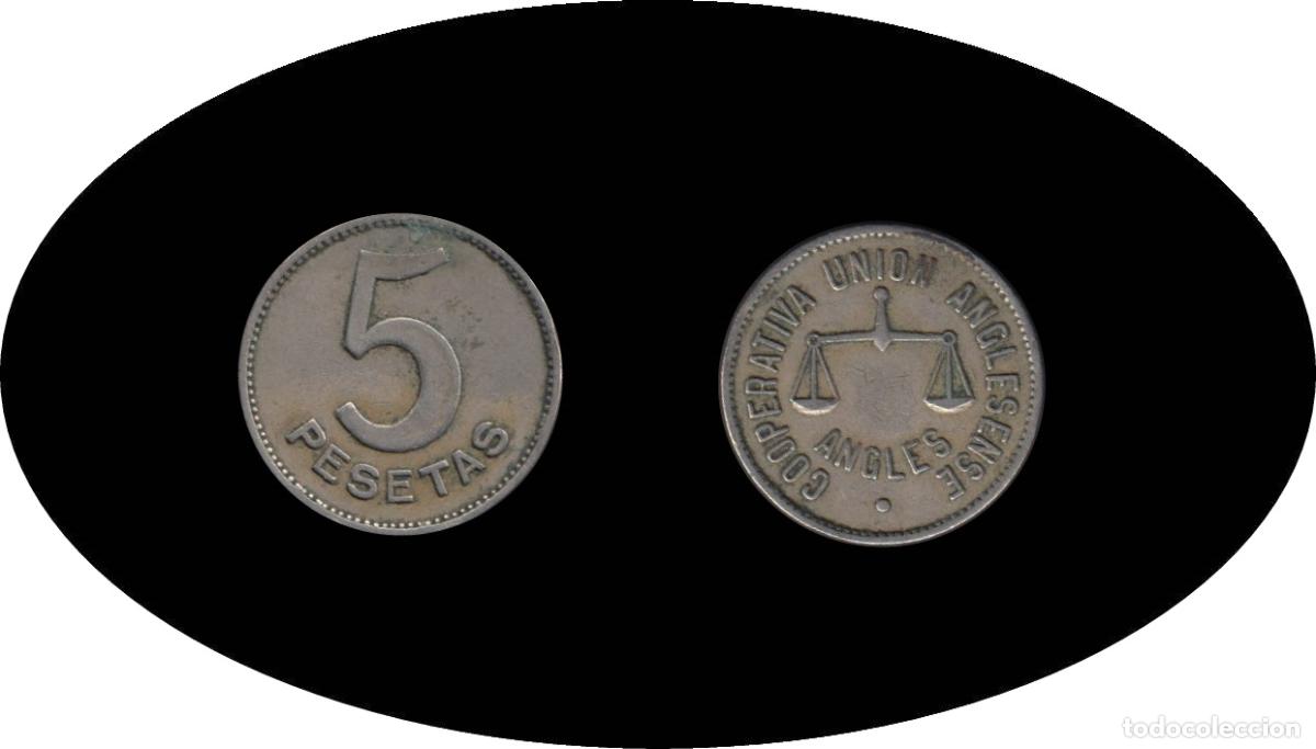 Cat&aacute;logos y libros de monedas: Cooperativa Uni&oacute;n Anglesense Angles 5 pesetas - Foto 1