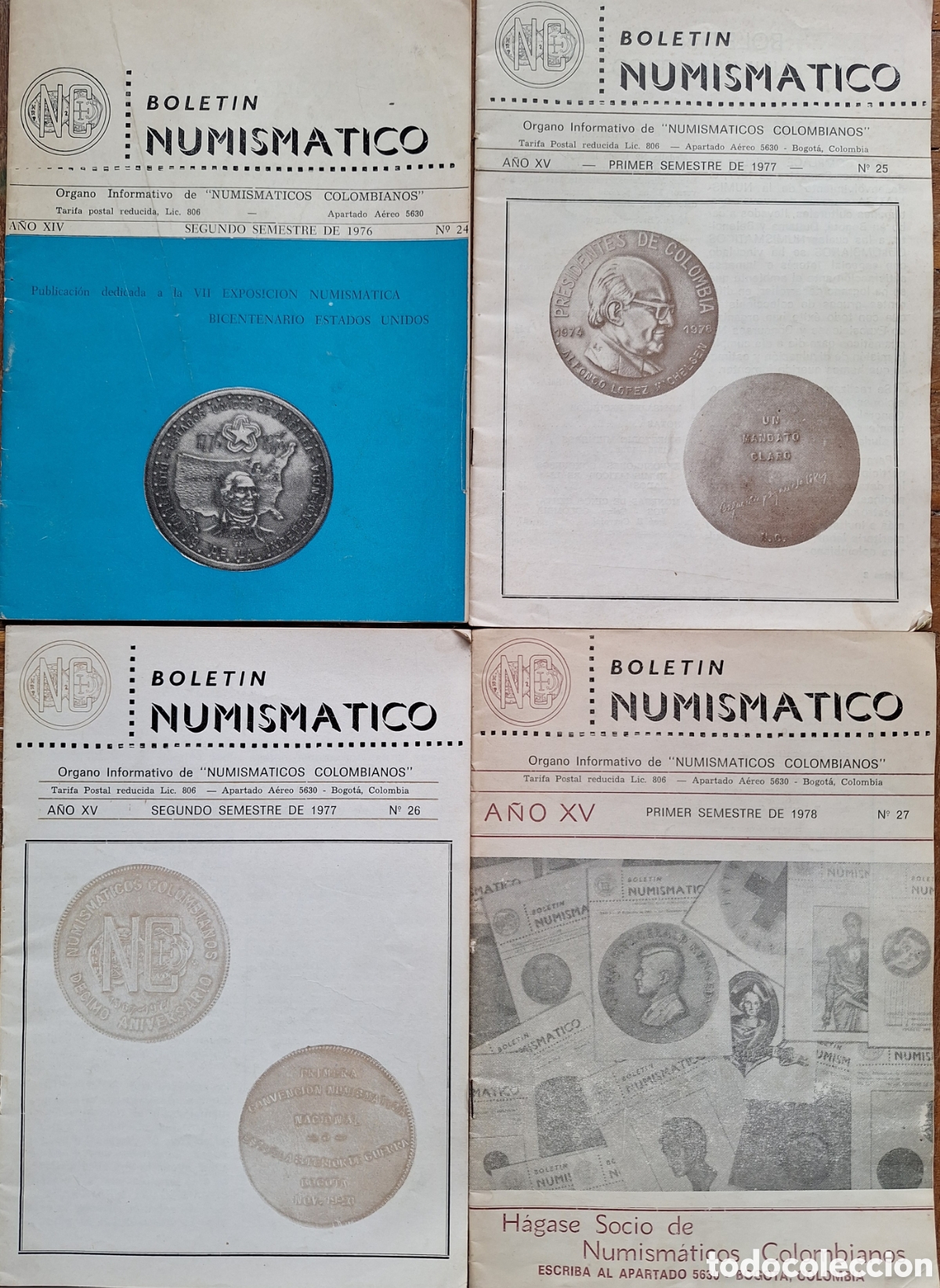 Cat&aacute;logos y Libros de Monedas: 4 BOLETIN NUMISMATICO COLOMBIANO 1976-1978 EXPOSICION BICENTENARIO ESTADOS UNIDOS