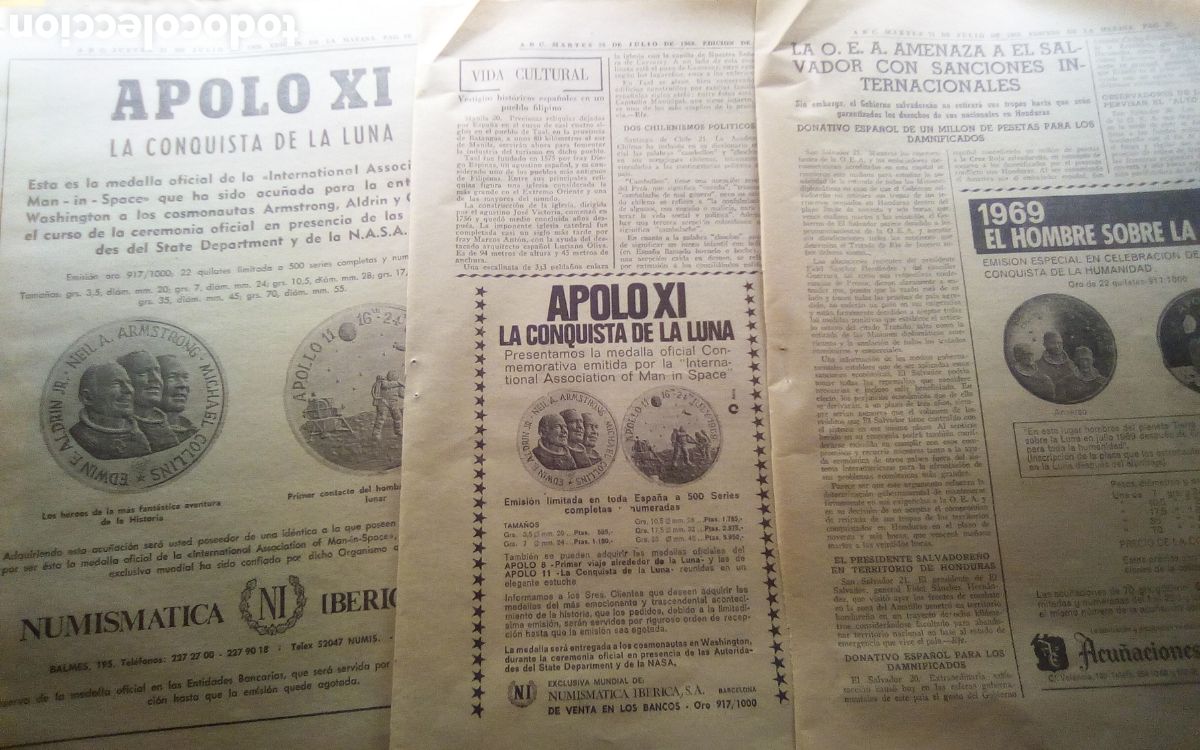 Cat&aacute;logos e Livros de Moedas: 3 Hojas peri&oacute;dico ABC, a&ntilde;o 1969. Monedas conmemorativas del viaje a la luna Apolo XI.