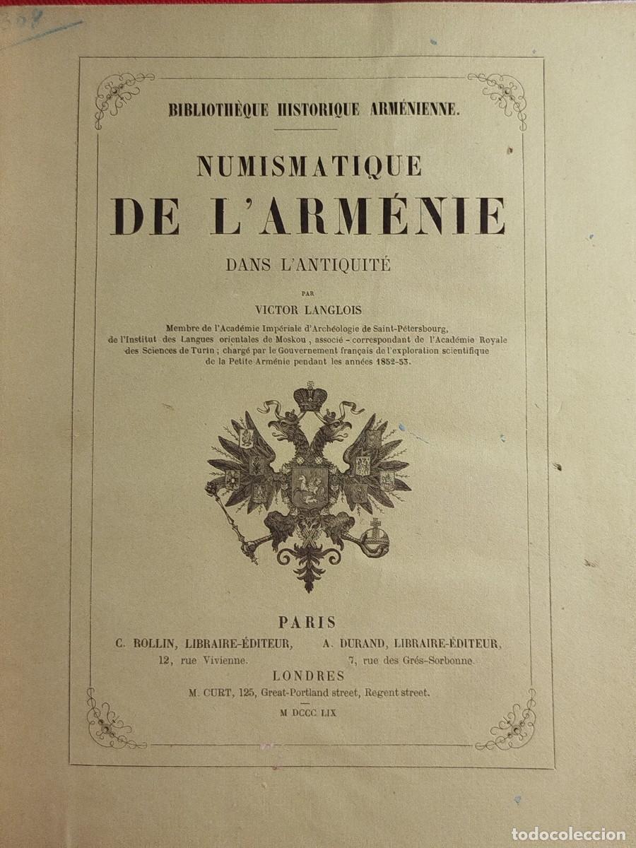 Cat&aacute;logos y libros de monedas: 1859. Numismatique de l'Armenie. Antiquit&eacute;. Planchas. Langlois.