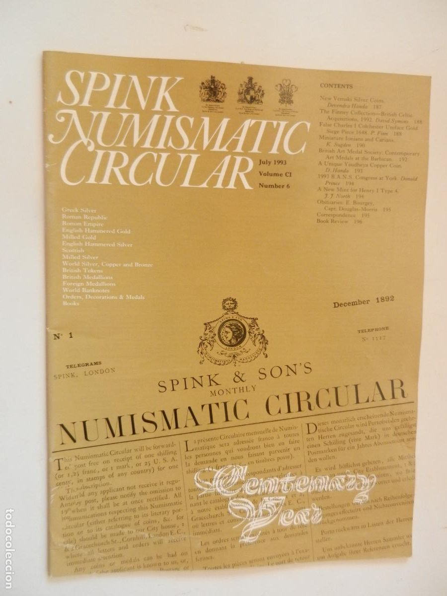 Cat&aacute;logos y libros de monedas: SPINK NUMISMATIC CIRCULAR -JULY 1993- NUMBER 4 - VOLUME CI - NUMISMATICA