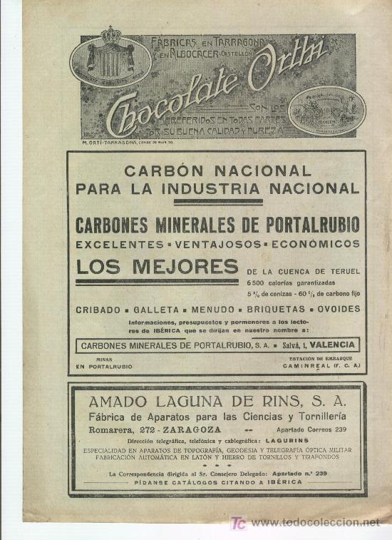 Cat&aacute;logos publicitarios: PUBLICIDAD DEL CHOCOLATE ORTI DE TARRAGONA. A&Ntilde;O 1922. CARBONES DE PORTALRUBIO.VALENCIA.