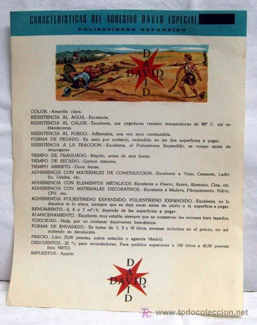 Werbekataloge: Folleto publicidad del adhesivo David poliestireno expandido a&ntilde;os 60