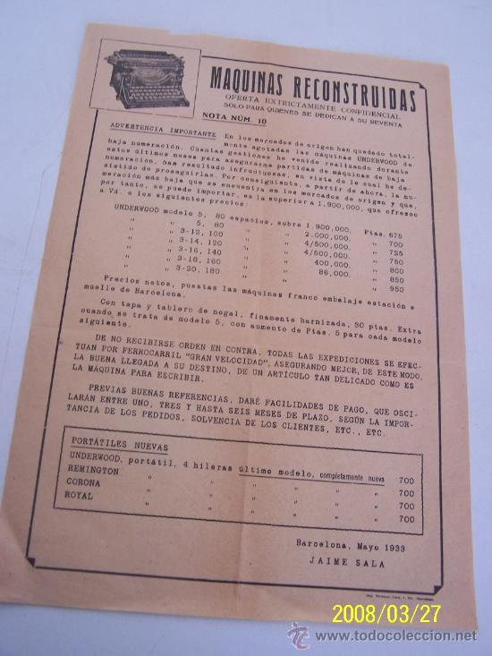 Cat&aacute;logos publicitarios: FOLLETO DE : MAQUINAS RECONSTRUIDAS-BAR.- MAYO 1933- JAIME SALA- 31 X 21 CM.