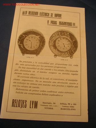 Cat&aacute;logos publicitarios: FOLLETO PROPAGANDISTICO DE RELOJ - LYM- &iexcl;&iexcl;&iexcl;LA RELOJER&Iacute;A EL&Eacute;CTRICA SE IMPONE A PASOS AGIGANTADOS!!!-