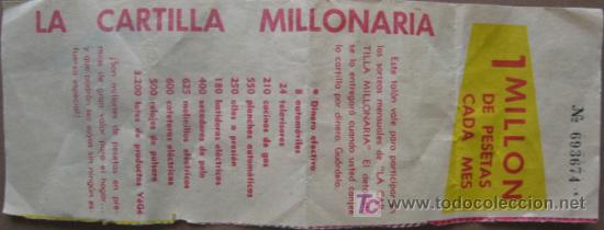 Cat&aacute;logos publicit&aacute;rios: 1 mill&oacute;n de pesetas cada mes, La cartilla millonaria. VEGE. Resguardo participaci&oacute;n.