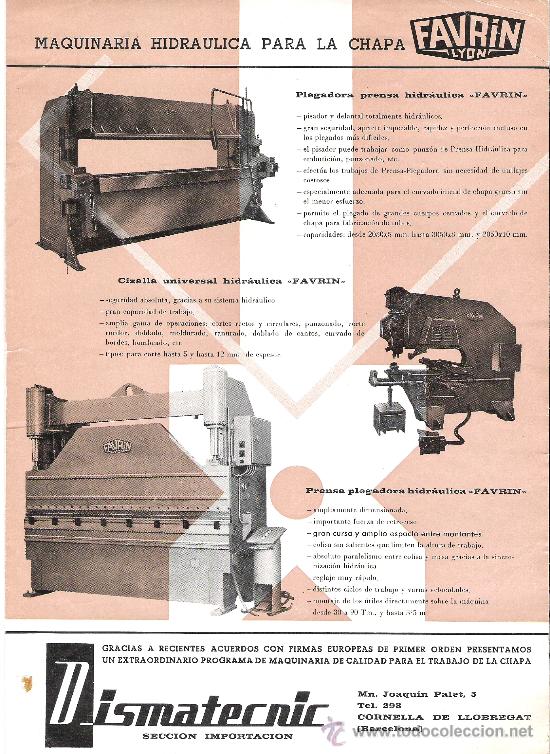 Catalogues publicitaires: DISMATECNIC. MAQUINARIA PARA EL TRABAJO DE LA CHAPA. PAVRIN LYON. THOMAS. GERVER. 30 X 21CM. 4 HOJAS