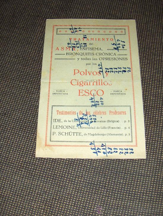 Cat&aacute;logos publicit&aacute;rios: POLVOS Y CIGARRILLOS ESCO, ANTIASMATICOS.