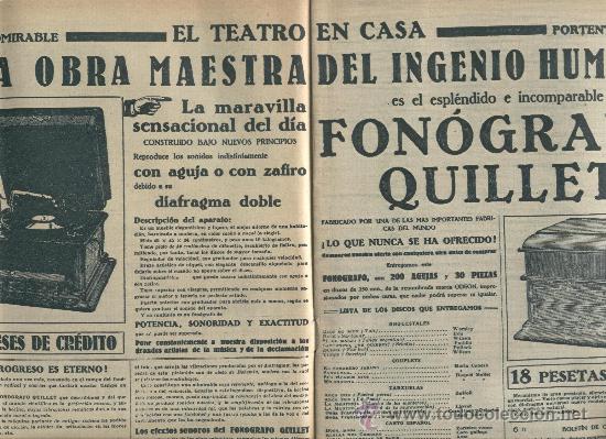 Cat&aacute;logos publicitarios: RECORTE DE PRENSA. ANUNCIO PUBLICIDAD. A&Ntilde;O 1925. TEATRO EN CASA. FONOGRAFO QUILLET. GRAMOFONO.