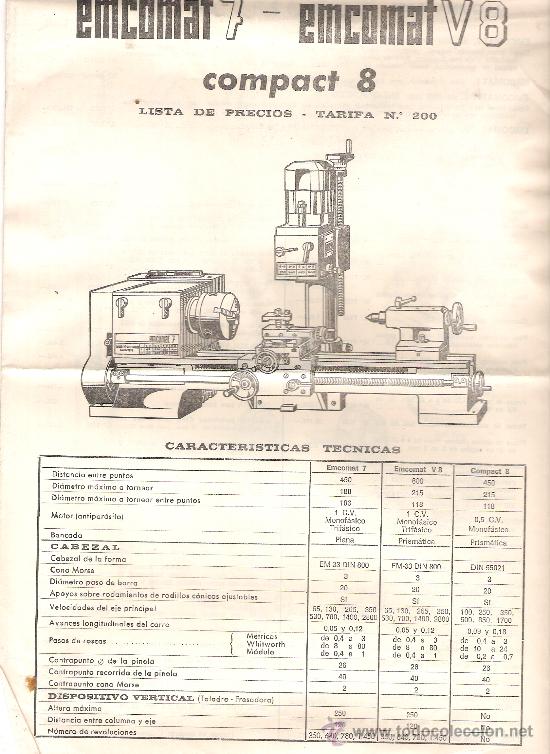 Catalogues publicitaires: EMCOMAT 7 - EMCOMAT V 8. COMPACT 8. LISTA DE PRECIOS. DIPTICO TAMA&Ntilde;O: 31 X 22 CM.