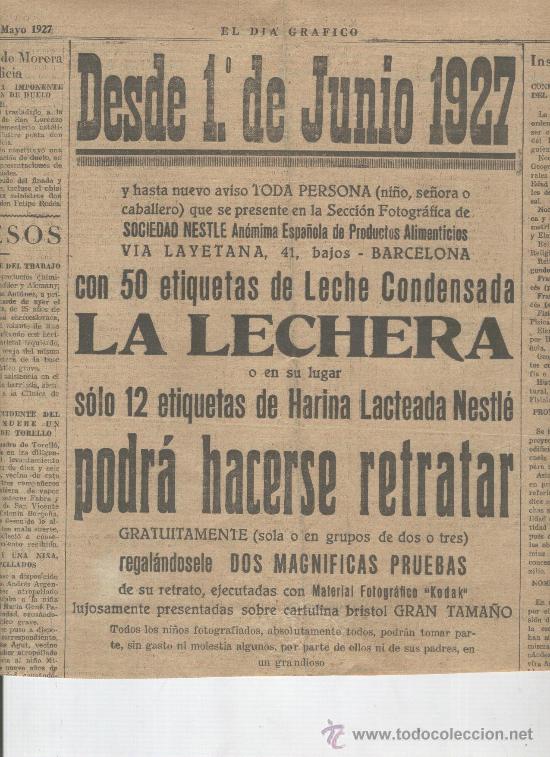Advertising Catalogs: RECORTE DE PRENSA. A&Ntilde;O 1927. PUBLICIDAD DE LECHE CONDENSADA LA LECHERA.REGALO DE FOTOGRAFIAS.