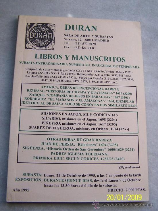 Cat&aacute;logos publicitarios: LIBROS Y MANUSCRITOS-DURAN.- CAT&Aacute;LOGO DE SUBASTAS N&ordm;. 301.- DE 1995.-