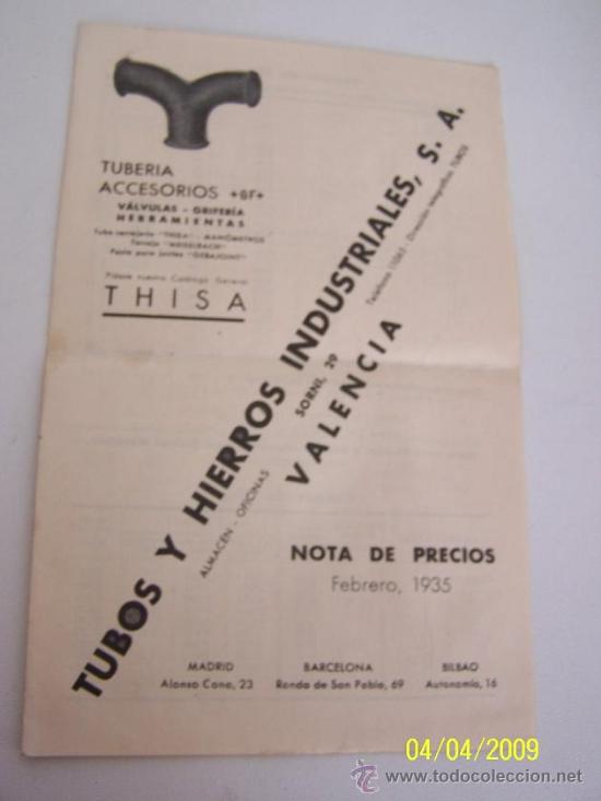 Werbekataloge: NOTA DE PRECIOS-TUBOS Y HIERROS INDUSTRIALES-FEBRERO DE 1935-2 HOJAS-22 X 14 CM