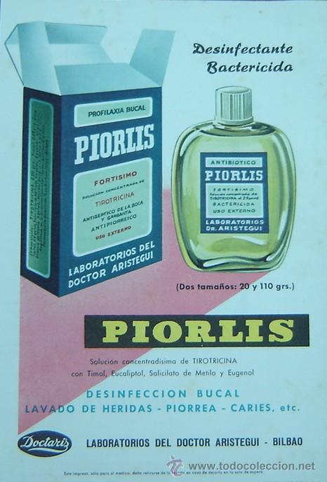 Cat&aacute;logos publicitarios: ANUNCIO PUBLICITARIO PIORLIS-DESINFECCION BUCAL-LAB. DEL DR. ARISTEGUI-BILBAO-a&ntilde;os 1960s-medida 13*1