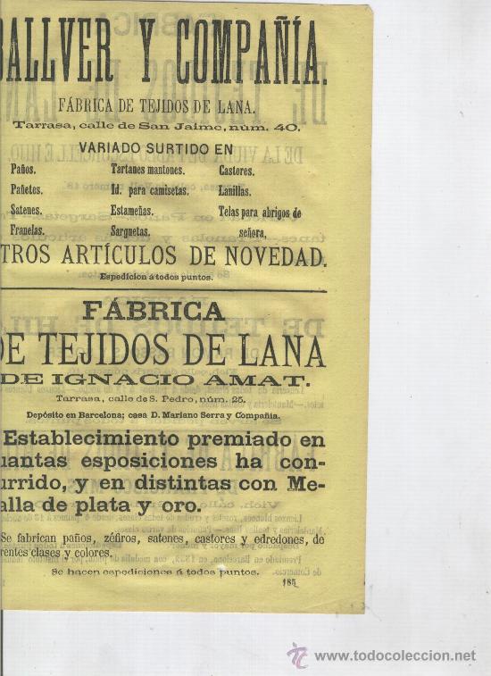 Catalogues publicitaires: EXCEPCIONAL HOJA DE PUBLICIDAD ANTIGUA. A&Ntilde;O 1864.TARRASA.FABRICAS DE TEJIDOS.BALLVER.I.AMAT.ESCURCEL