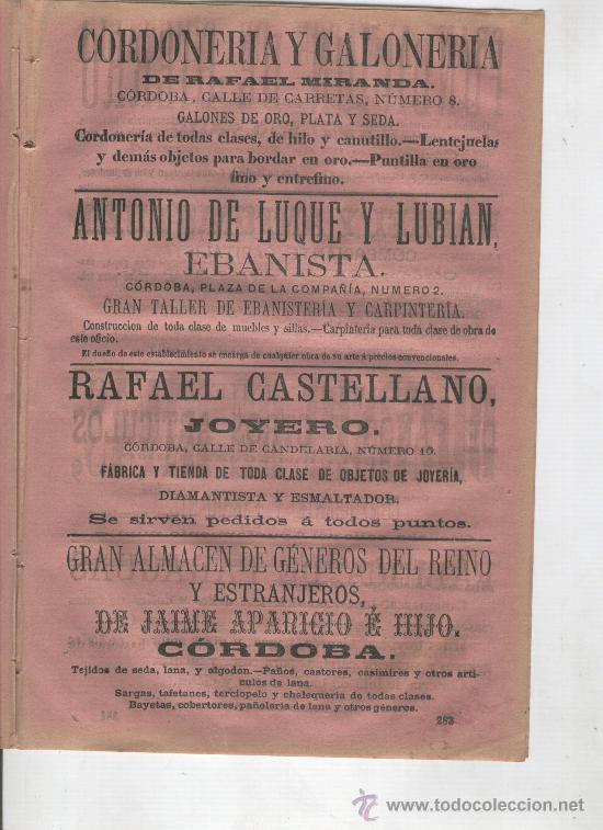 Cat&aacute;logos publicitarios: EXCEPCIONAL HOJA DE PUBLICIDAD ANTIGUA DE CORDOBA.A&Ntilde;O 1864.EBANISTA. JOYERO.HILO . TEJIDOS.CINTERIA.