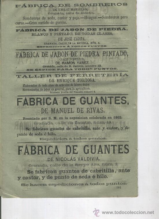 Werbekataloge: EXCEPCIONAL HOJA DE PUBLICIDAD ANTIGUA DE GRANADA.A&Ntilde;O 1864.JABON. GUANTES. CA&Ntilde;AMO. SOBREROS.