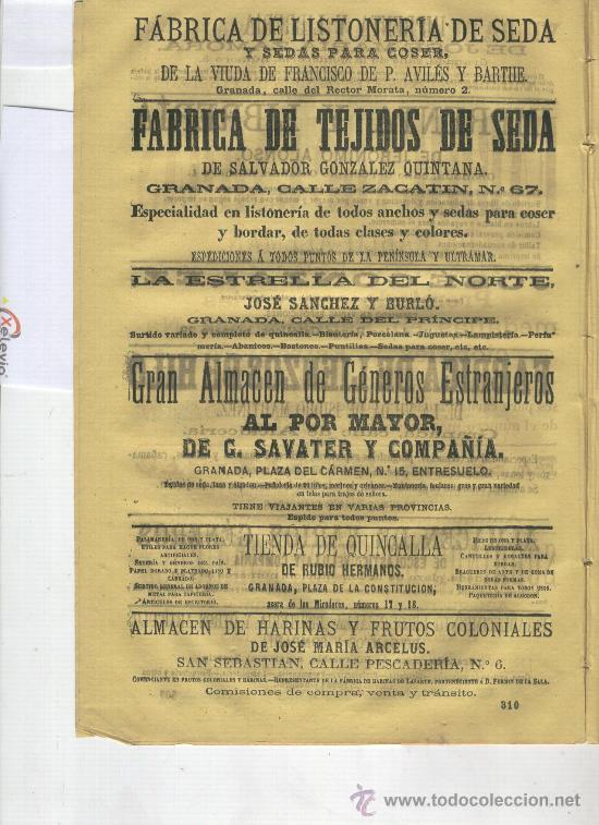 Cat&aacute;logos publicitarios: HOJA DE PUBLICIDAD .A&Ntilde;O 1864 !.DE GRANADA.SEDA. TEJIDOS. IMPRENTA.LIBRERIA. LIENZOS. BISUTERIA.