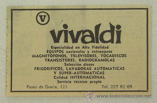 Cat&aacute;logos publicitarios: ANUNCIO PUBLICITARIO VIVALDI-ESPECIALISTA EN ALTA FIDELIDAD- a&ntilde;os 1960s -medida 10*6,5 cms.