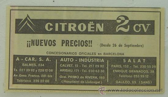 Cat&aacute;logos publicitarios: ANUNCIO PUBLICITARIO CITRO&Euml;N 2 CV-CONCESIONARIOS OFICIALES EN BARCELONA-medida 15*8 CMS.cms.