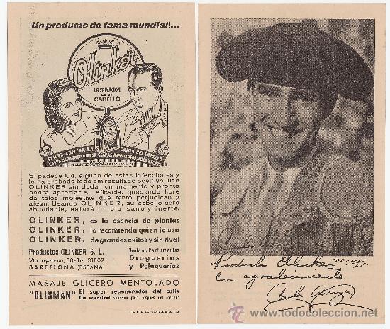 Cat&aacute;logos publicit&aacute;rios: TAUROMAQUIA.- folleto PUBLICIDAD DE OLINKER - FOTO Y FIRMA DE CARLOS ARRUZA