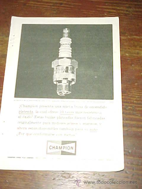 Cat&aacute;logos publicit&aacute;rios: BUJIAS CHAMPION. PUBLICIDAD HOJA DE REVISTA A&Ntilde;O 1961. TAMA&Ntilde;O: 19 X 13 CM.