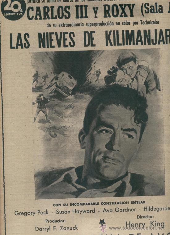 Cat&aacute;logos publicitarios: RECORTE DE PRENSA. A&Ntilde;O 1953. LAS NIEVES DEL KILIMANJARO. PECK. AVA GARDNER. PUBLICIDAD