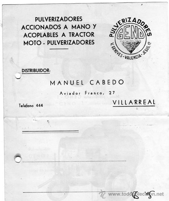 Werbekataloge: FOLLETO DE PROPAGANDA PULVERIZADORES,GENO V.GENOVES,VALENCIA-DISTRIBUIDOR MANUEL CABEDO,VILLARREAL.