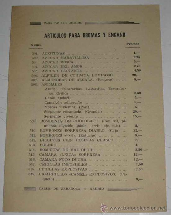 Werbekataloge: ANTIGUO CATALOGO DE ARTICULOS DE BROMAS Y ENGA&Ntilde;O - CON PRECIOS - 4 PAG - MIDE 17,5 X 12,5 CMS.