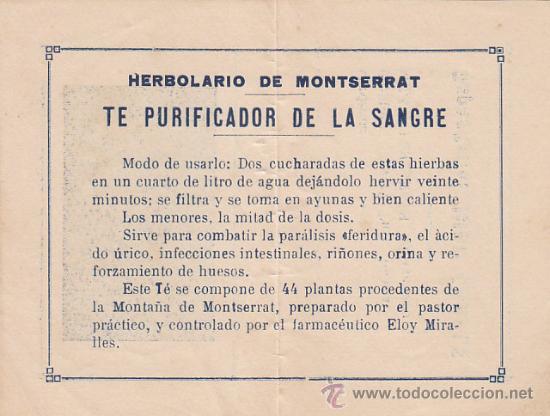 Catalogues publicitaires: Herbolario de Montserrat, te purificador de la sangre. Una hoja plegada (ver fotos)