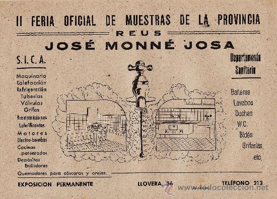 Cat&aacute;logos publicitarios: jose monne josa.- folleto publicitario de la empresa en la II feria de muestras de reus.- a&ntilde;o 1948