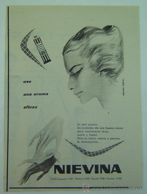 Cat&aacute;logos publicitarios: ANUNCIO PUBLICITARIO CREMA NIEVINA-SUAVIZA CUTIS Y MANOS-a&ntilde;os 1960s-medida 13,5*18,5 cms.