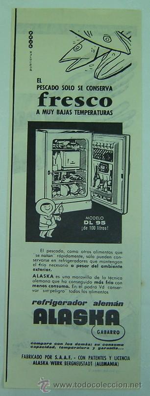 Cat&aacute;logos publicitarios: ANUNCIO PUBLICITARIO REFRIGERADOR ALEMAN ALASKA-a&ntilde;os 1960s-medida 12,5*36,5cms.