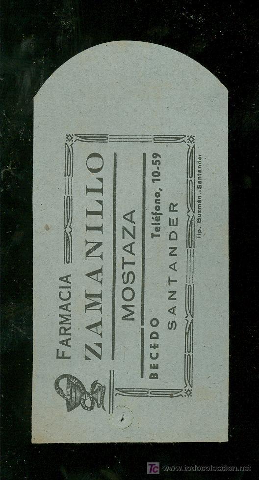 Werbekataloge: BOLSA DE PUBLICIDAD ANTIGUA. FARMACIA ZAMANILLO. MOSTAZA. SANTANDER. 1930.