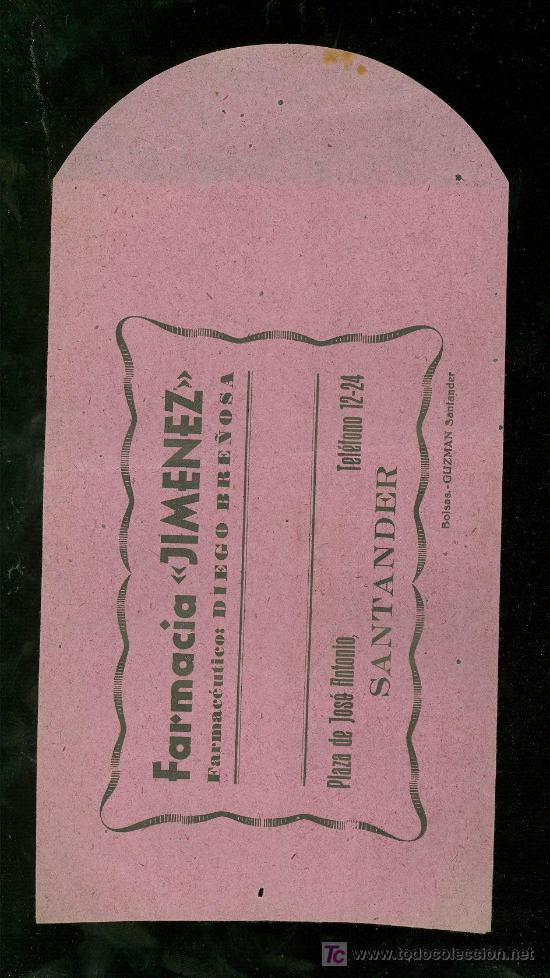 Catalogues publicitaires: BOLSA DE PUBLICIDAD ANTIGUA. FARMACIA JIMENEZ. DIEGO BRE&Ntilde;OSA. SANTANDER. 1930.