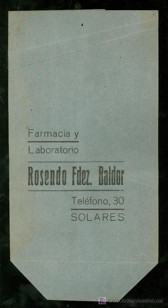 Catalogues publicitaires: BOLSA DE PUBLICIDAD ANTIGUA. FARMACIA Y LABORATORIO ROSENDO FDEZ. BALDOR. SOLARES. 1930.