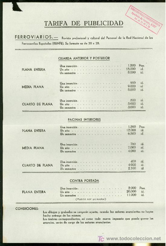 Catalogues publicitaires: RENFE. REVISTA FERROVIARIOS. TARIFA DE PUBLICIDAD.