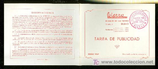 Catalogues publicitaires: BILBAO. DIARIO DE LA TARDE. TARIFA DE PUBLICIDAD. 1957.