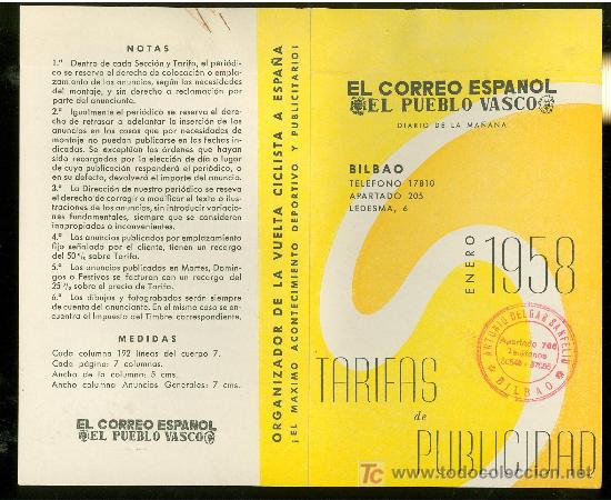 Catalogues publicitaires: EL CORREO ESPA&Ntilde;OL. EL PUEBLO VASCO. 1958. BILBAO. TARIFA DE PUBLICIDAD.