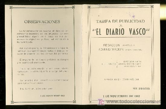 Catalogues publicitaires: EL DIARIO VASCO. 1962. TARIFA DE PUBLICIDAD.