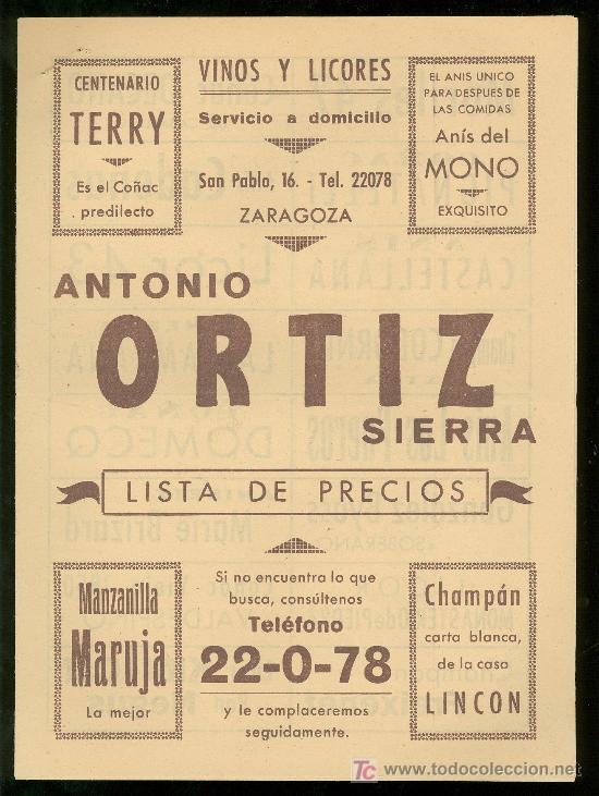 Cat&aacute;logos publicitarios: ZARAGOZA. ANTONIO ORTIZ SIERRA. LISTA DE PRECIOS. - Foto 1
